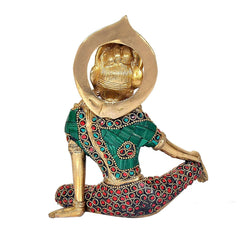 Brass Indra Dev statue, three-quarter view, teal robe with red oval gem motifs