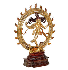 Brass Shiva Nataraj idol angled view, dancing figure with circular halo and detailed base