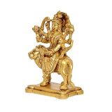 Durga Maa brass statue seated on lion, detailed drapery and pedestal base, 5 inch