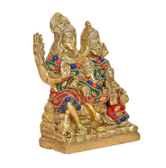 Brass Shiv Parivar murti (5 inch), three-quarter view: gold deity figures with jeweled multicolor adornments