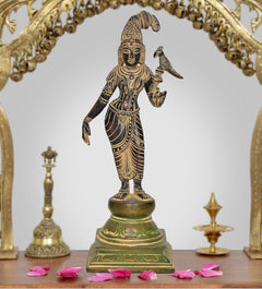 Brass Hindu goddess statue with parrot, standing on green base