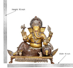 Brass Ganesha statue showing front view and full base, with height and width markers