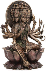 AONA Resin Gayatri Mata figure on lotus, three faces, jeweled headpiece, green drape