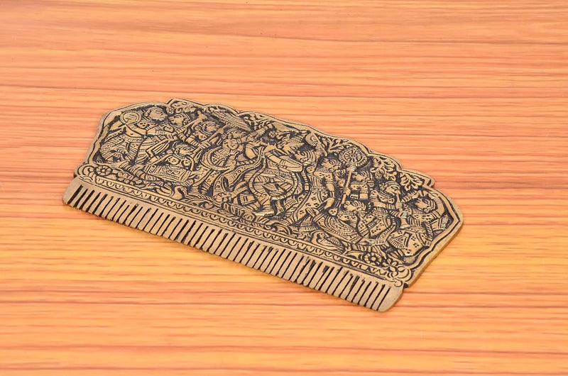 Brass Comb with the Figures of Radha Krishna and Gopis (Height 3.5 Inch)
