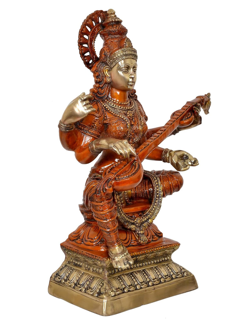 Brass Big Size Maa Goddess Saraswati Seated on Wooden PedestalI dol for Home Decor and Pooja (Height 30 Inch)