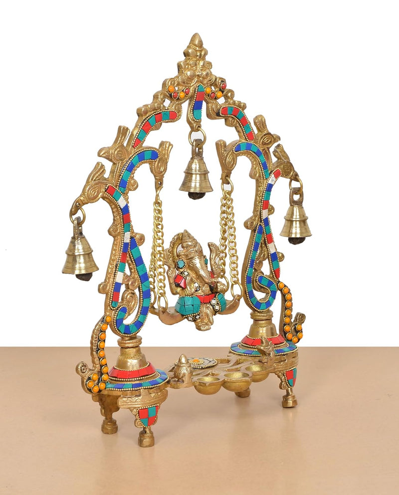 Brass Ganesha Playing On Swing Idol (Height 14 Inch)