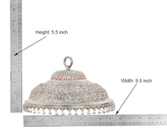Chatttar size chart: height 5.5 in, width 9.5 in; silver carved dome with fringe