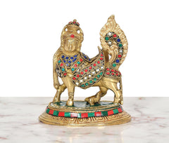 Brass Kamadhenu cow calf statue with wings, red blue green enamel accents
