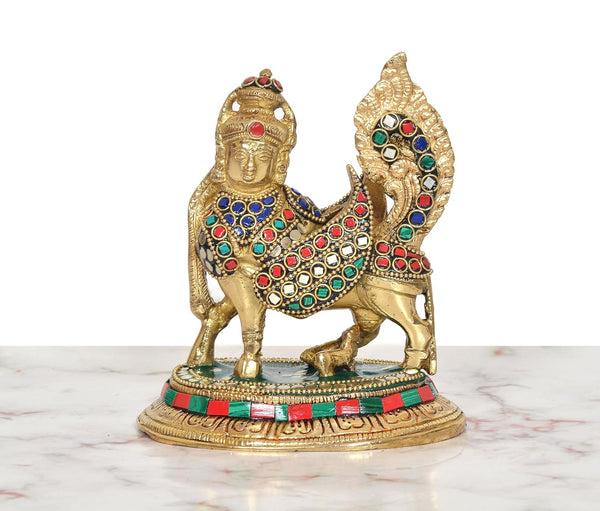 Brass Kamadhenu Cow Calf with Wings Showpiece (Height: 6 inch) Study Setting