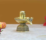 Brass Shivling with Nandi, front view, embossed ring base, 3 inch