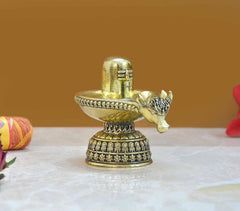 Brass Shivling with Nandi, front view, embossed ring base, 3 inch