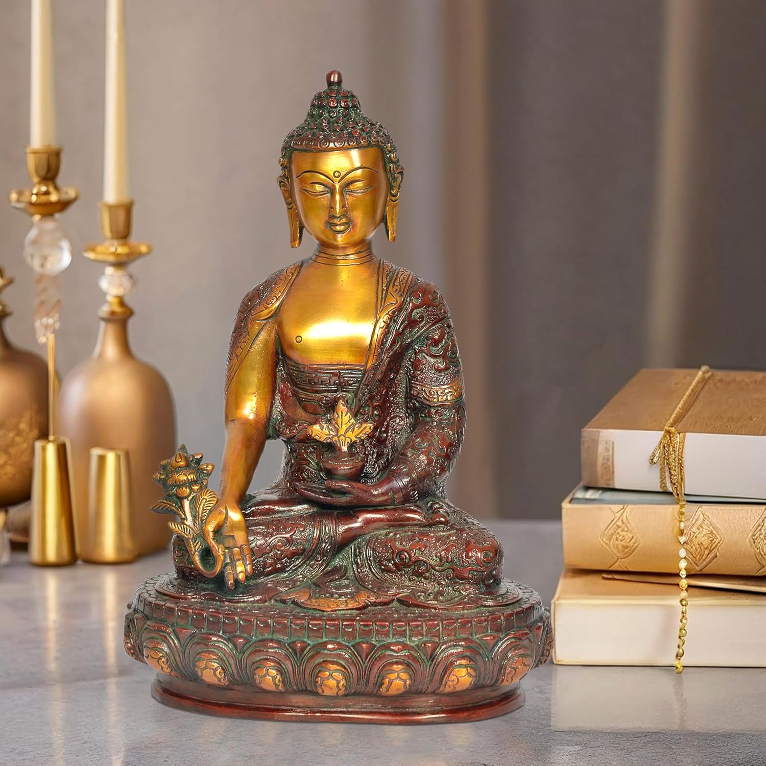 Brass Buddha Dhyan Mudra Statue Handcrafted Spiritual Decor for Home and Office Decor Meditating Buddha Idol (Height 12 Inch)