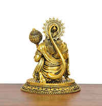 Golden Hanuman JI brass statue, rear view with ornate back crown and long tail