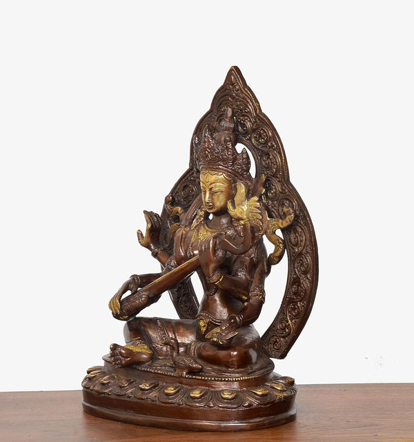 Brass Tara Devi Statue Goddess Saraswati in Nepalese Style for Home Decor and Office, Thoughtful Spiritual Gift (Height 9 Inch) Study Setting