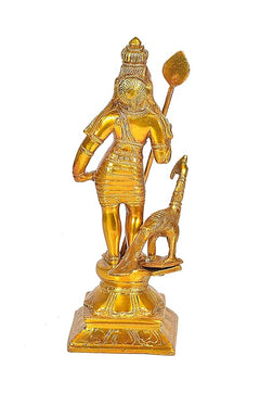 Golden brass Kartikeya idol with raised staff, murgan standing beside