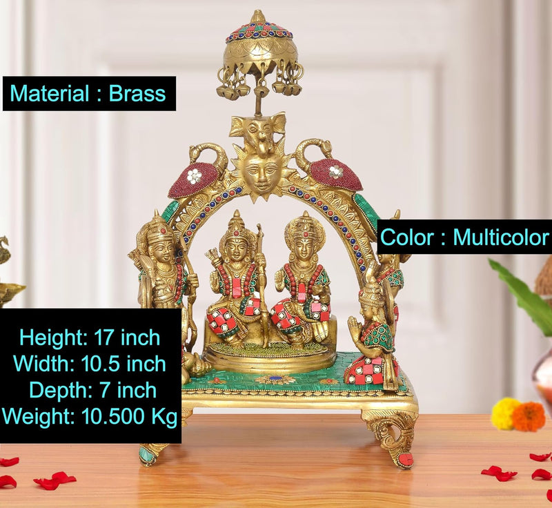 Brass Ram Darbar Murti Chtra On Top with Sun Peacock and Singhashan (Height: 17 inch)