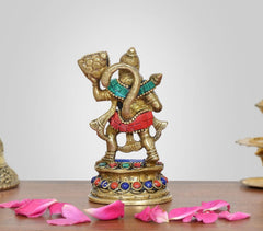 Brass Hanuman idol with folded hands, multi-color waist belt and jeweled round base