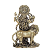 Durga Maa brass statue back view with halo, lion figure at base, ornate detailing