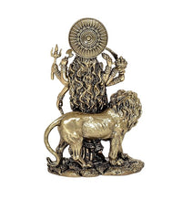 Durga Maa brass statue back view with halo, lion figure at base, ornate detailing