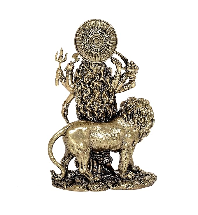 Fine Brass Durga Maa Standing with Lion Idol Hindu Goddess Sherawali MATA Murti MATA Rani Statue Figurine Home Temple (Height 5 Inch)