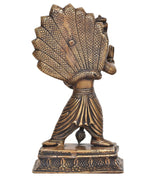 Bronze Narasimha-Vishnu statue, rear view with textured crown fan and decorated base