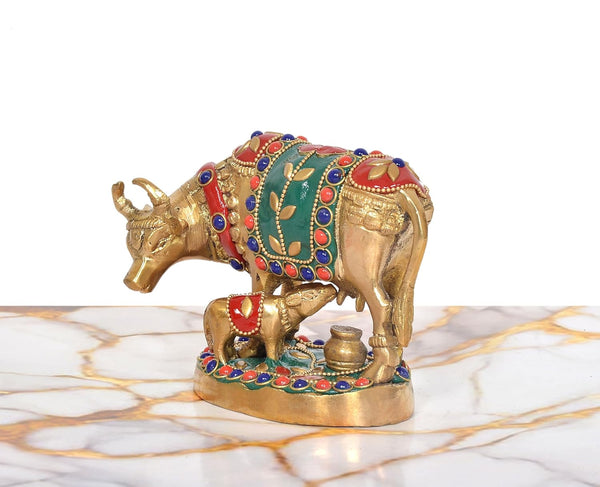 Brass Kamdhenu Cow with Calf Idol (Height: 4 Inch) Study Setting