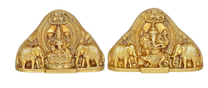 Brass Sitting Lakshmi Ganesh Idol Statue Murti for Diwali Pooja, Height : 4.5 inch Craft Detail