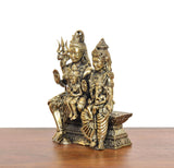 Brass Shiva family idol front-left view, intricate ornaments and raised hand