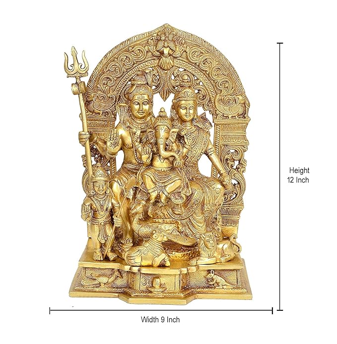 Brass Shiv Parivar Idol Figurine Decorative Showpiece Shiv Family Sculpture for Home Temple Office Gift Item Golden Height 12 Inches