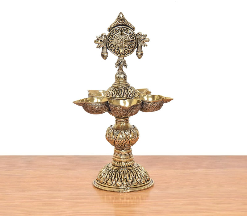Bronze Oil Lamp Five Diya Lamp Stand (Height: 8 inch)