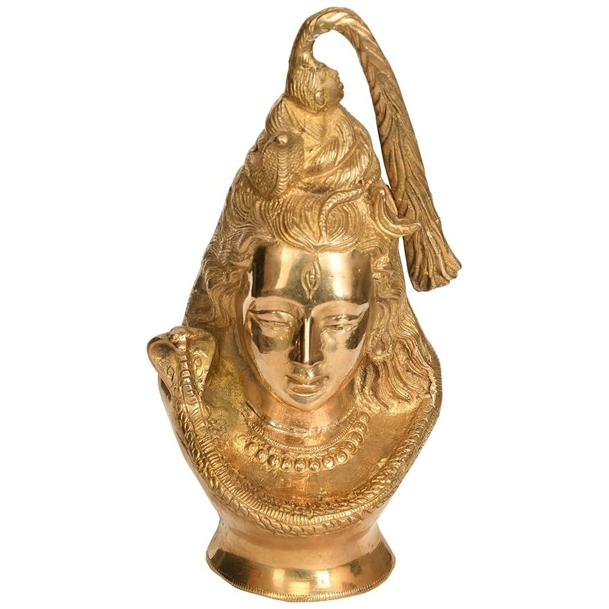 Brass Lord Shiva head sculpture with serene face and arched headdress, 8.4 in