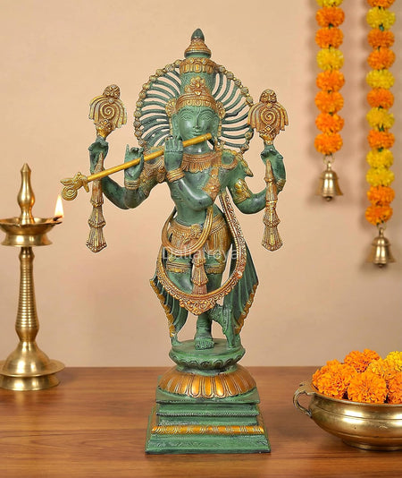 Brass Lord Krishna Sculpture Playing Flute (Height : 23 Inches)(Green)