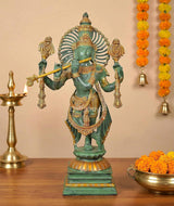Green brass Krishna flute sculpture (23 in), standing pose on ornate base