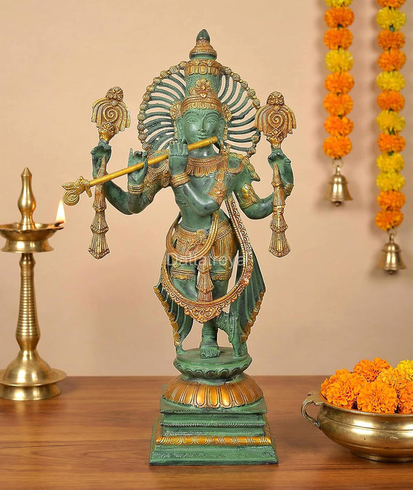 Brass Lord Krishna Sculpture Playing Flute (Height : 23 Inches)(Green)