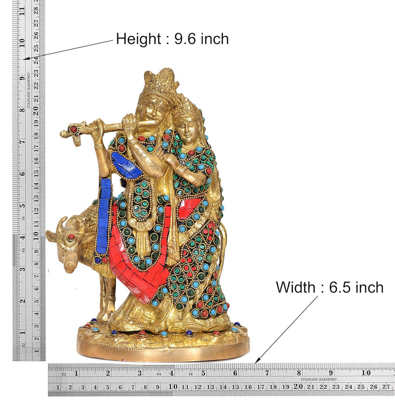 Brass Radha Krishna with Cow Idol Statue for Home Decor and Pooja Mandir Temple Office Decor (Height 9.5 Inch)