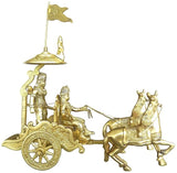 Brass Krishnarjun chariot statue with driver figures, reins, standing on ornate wheel