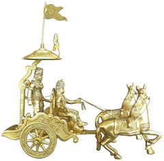 Brass Krishnarjun chariot statue with driver figures, reins, standing on ornate wheel