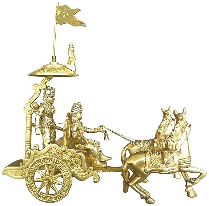 Brass Krishnarjun Rath Showpiece Idol Statue, Height : 9 inches Craft Detail