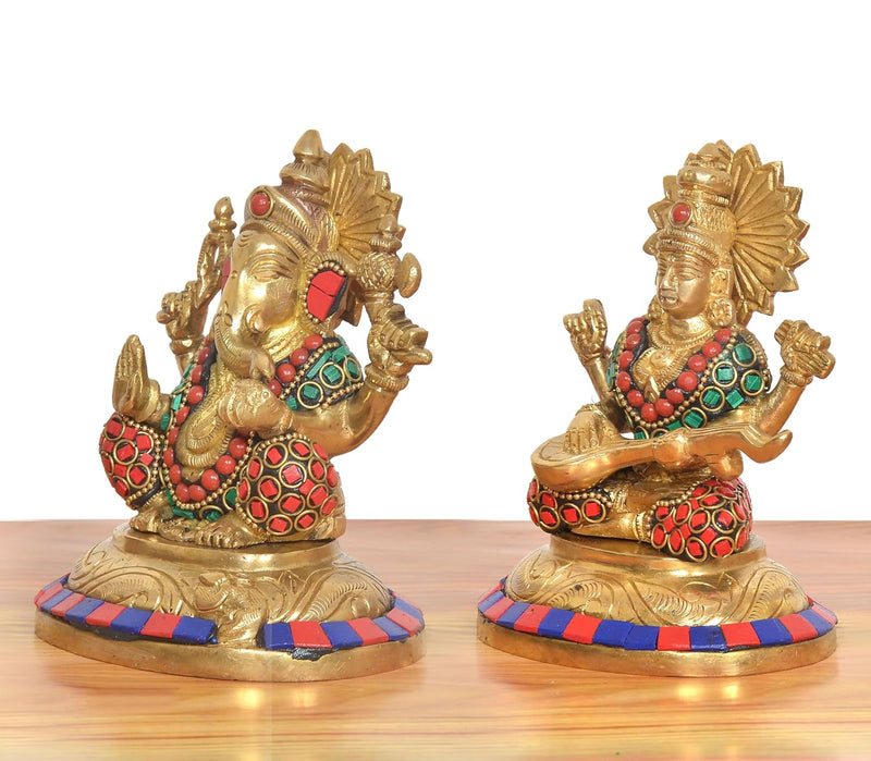 Brass Lakshmi Ganesha Statue - Handcrafted (Height: 5 Inch)