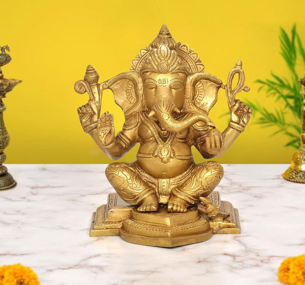 Brass Sitting Lord Ganesha Statue (Height: 7.5 Inch)