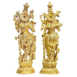 Radha Krishna brass idol statues, rear view with ornate details and patterned bases