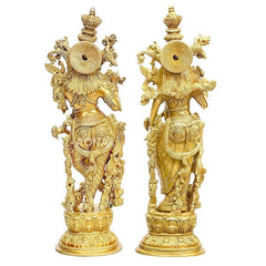 Radha Krishna brass idol statues, rear view with ornate details and patterned bases