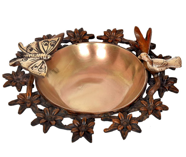 Brass Decorative Bird Butterfly and Flower Urli Bowl - Traditional Brass for Home Decor Showpiece Floating Candles Home and Office Decoration Diwali Decoration (Widtht: 8 inch) Study Setting