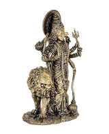 Durga Maa brass statue holding trident and weapons, lion companion at the feet