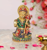 AONA brass Hanuman sitting statue with jeweled green-red outfit and golden face