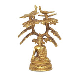 Golden brass Buddha tree idol, seated Buddha with raised hands, birds on branches