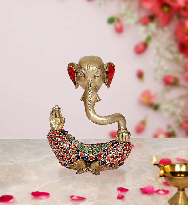 Brass Modern Ganesha Idol Ganesh Statue Multicolor Stone Work Finish | Home Decor/Office Entrance/Temple/Diwali Gift | (Height : 6 inch) (Red)