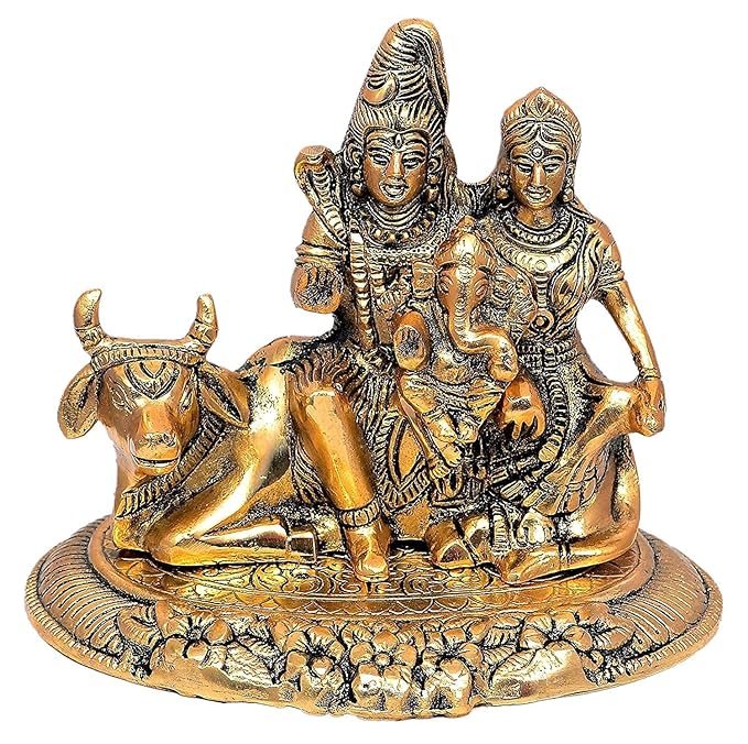 Gold metal Shiva Parvati Kartikeya Ganesha family idol statue, front, 6 in