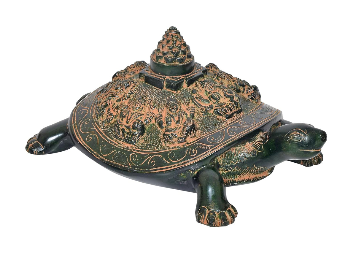 Brass Ashtalakshmi Shree Yantra on Tortoise (Kachua) Figurine | Traditional Vastu Home Decor Accent (Height: 7 Inches)