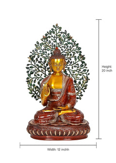 Buddha tree decorative showpiece: seated golden Buddha with green leaf canopy, red base